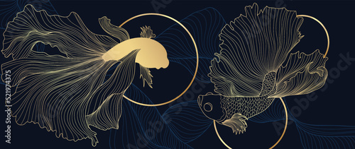Elegant abstract line art on dark blue background. Luxury hand drawn with gold wavy line and siamese fighting fish. Shining lines design for wallpaper, banner, prints, covers, wall art, home decor.