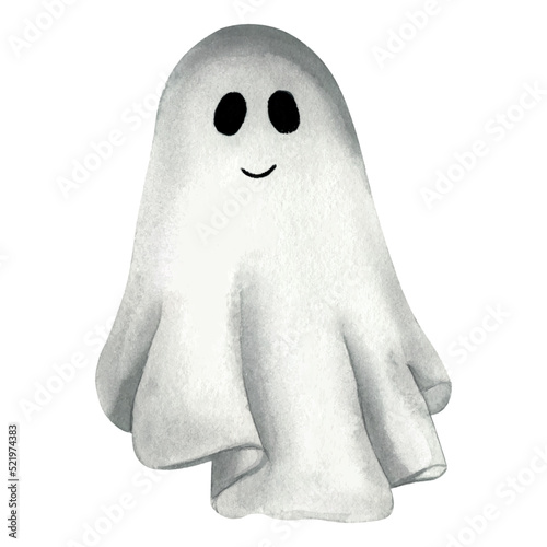 A cute ghost painted in watercolor. Halloween ghosts with a face. A Halloween character. Hand-drawn isolated on a white background.