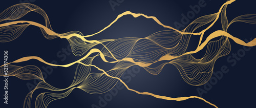 Elegant abstract line art on dark blue background. Luxury hand drawn with gold wavy line and abstract shapes. Shining wave line design for wallpaper, banner, prints, covers, wall art, home decor.