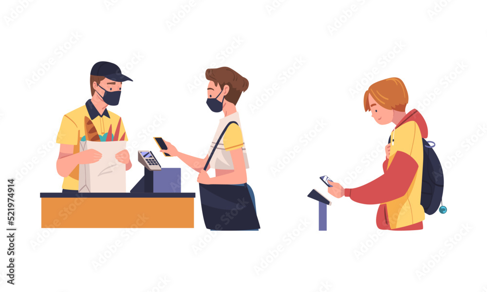 Man and Woman Character Using Contactless Payment with Smartphone for Coronavirus Prevention Vector Set Man and Woman Character Using Contactless Payment with Smartphone for Coronavirus Prevention Vector Set
