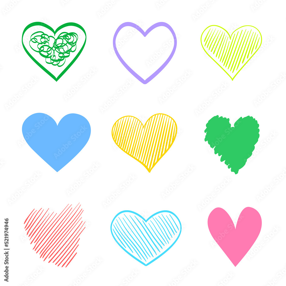 Colorful hearts on isolated white background. Hand drawn set of love signs. Unique abstract image for design. Line art creation. Colored illustration. Elements for poster or flyer