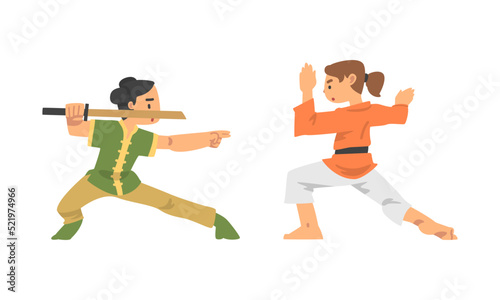 Woman Character Engaged in Combat Sport or Fighting Sport Vector Set