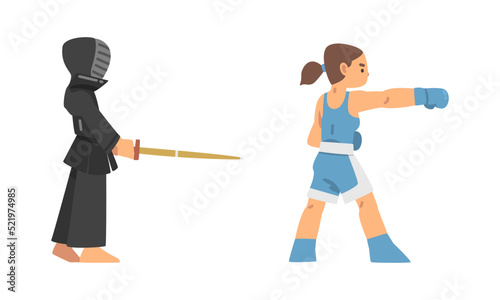 Woman Character Engaged in Combat Sport or Fighting Sport Boxing and Fencing Vector Set