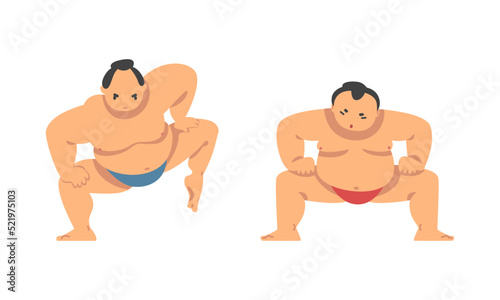 Man Character Rikishi Engaged in Combat Sport or Fighting Sport Vector Set