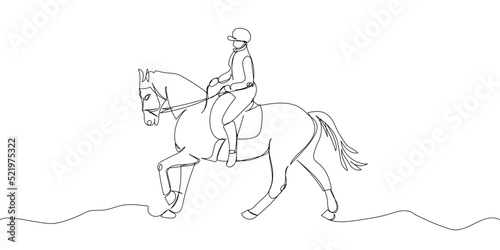 Horseback riding one line art. Continuous line drawing horse, rider, saddle, trot, horse racing, polo, sport, competition.