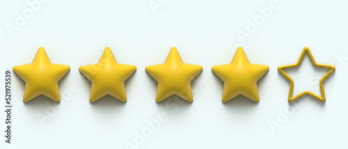 Five 5 star rank sign. Four gold stars from five. Ranking system. 3d render glossy golden stars sticker icon rating isolated on background. Service rating, achievement, review symbol. Classification
