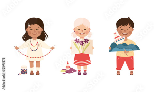 Creative Boy and Girl Showing Bead Necklace and Paper Applique as Handcrafted Item Vector Set