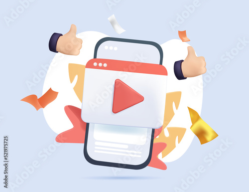 Online streamin platform. Social media promotion. 3d mobile phone, video player app. Blogger business making money.
