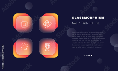 Electronic chips set icon. CPU, processor, vr glasses, virtual reality, neural network, planet, internet, artificial intelligence, ai, online. Metaverse concept. Glassmorphism. Vector line icon