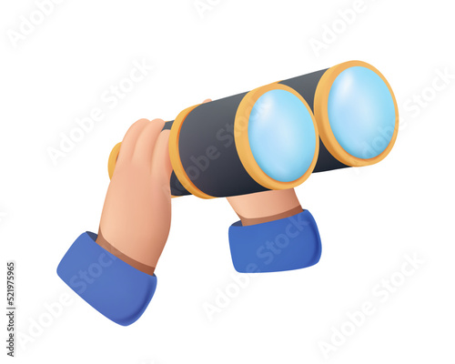 Spyglass 3D vector icon. Binoculars vector illustration, Hands holding binoculars, big eyes looking forward through lenses. Search view, spying. Future strategy, business opportunity, exploration