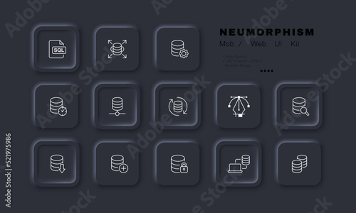 Database set icon. Storage, SQL, structured query language, settings, sync, synchronization, renew, magnifier, arrow, plus, add, lock. Store the data concept. Neomorphism style. Vector line icon