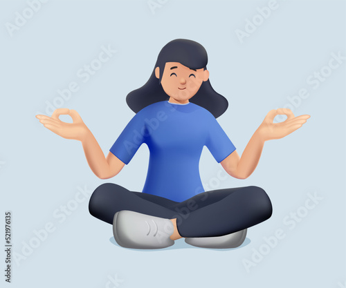Meditation 3D illustration. Happy calm Woman meditating. Zen, yoga, meditation, relax, recreation, healthy lifestyle. Harmony and balance life. Psychology, selfcare. 3D vector character design people