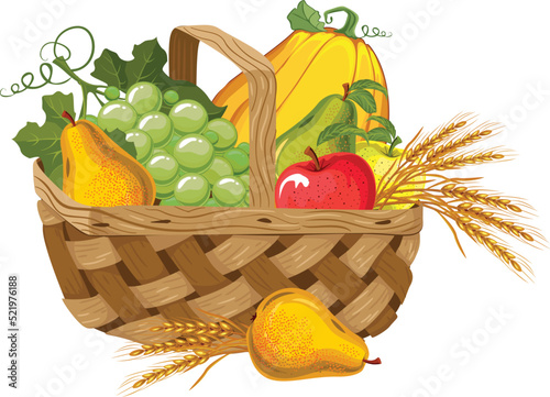 autumn and summer vegetables in a basket grapes pumpkins wheat pear thanksgiving day