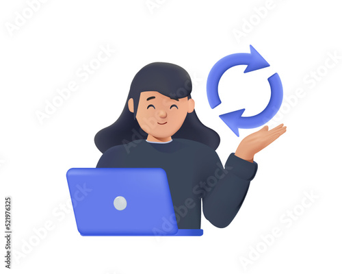 Woman and arrow cycle symbol. 3D render character. Concept of software version update or renewal process indication 3D colorful vector illustration, system or web application upgrade procedure