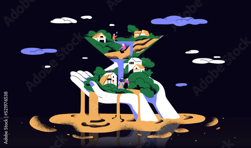 Time, life running, flowing, passing, transience concept. Sand slipping through fingers, allegory of fast lifetime, lost wasted past, missed opportunities, memory loss. Flat vector illustration