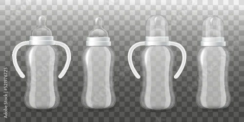 Realistic empty baby bottles with and without handles and cap, vector illustration isolated on transparent background.