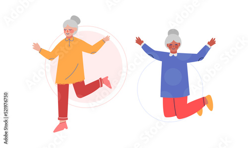 Happy Senior Woman Character Jumping Feeling Jubilation Vector Set