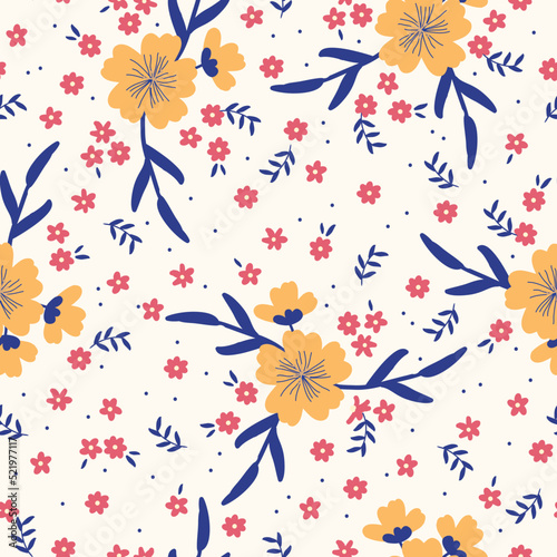 Simple vintage pattern. Yellow and small pink flowers, blue leaves. white background. Fashionable print for textiles and wallpaper.