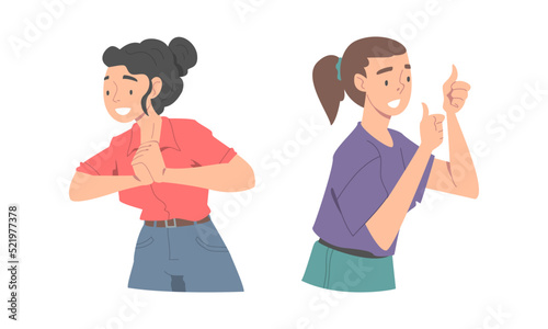 Excited Woman Character Looking at Someone Demonstrating Attention Showing Thumb Up Vector Set