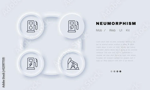 Refueling station set icon. Gas, water, leaf, charge, recharge, electricity, power plant, eco, ecology, car, electrocar. Energy concept. Neomorphism. Vector line icon for Business and Advertising
