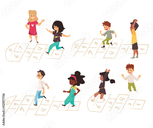 Groups of kids playing hopscotch cartoon flat vector illustration isolated.
