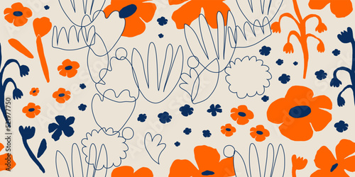Hand drawn simple abstract trendy flowers pattern. Collage contemporary print. Fashionable template for design.