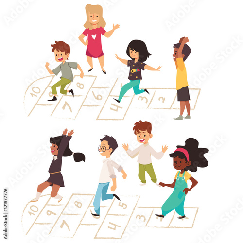 Child play hopscotch, isolated. Little kids, black, hispanic and white, jump around hop scotching, play activity game.