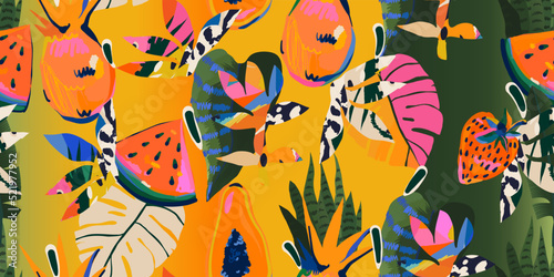 Hand drawn abstract fruits and flowers collage pattern. Festival playful contemporary print. Fashionable template for design.