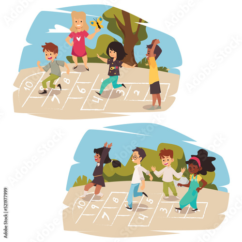Children playing hopscotch and having fun flat vector illustration isolated.