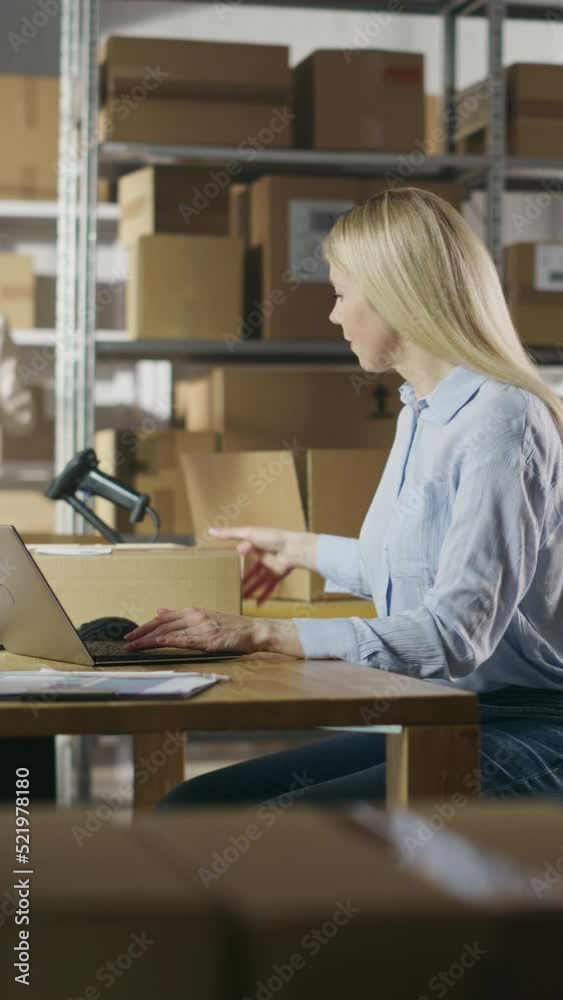 Vertical Screen: Small Business Owner Checks Stock and Inventory on Laptop Computer in the Retail Warehouse full of Shelves with Goods. Working in Logistics, Distribution Center with Male Colleague. Vertical Screen: Small Business Owner Checks Stock and Inventory on Laptop Computer in the Retail Warehouse full of Shelves with Goods. Working in Logistics, Distribution Center with Male Colleague.