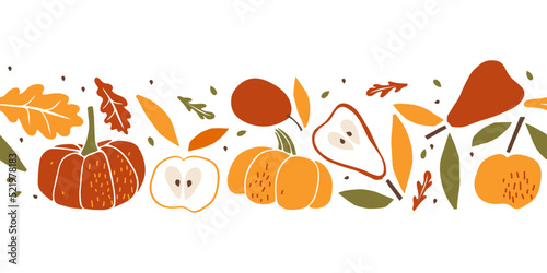 Seamless harvest border. Fruits, vegetables with leaf hand drawn sketch isolated. Whole fruit and cut half. Autumn vector illustration for wallpaper. Food template for menu, cover, nursery design.