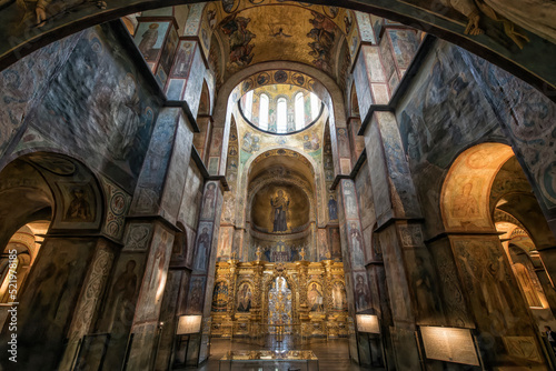 Interior of the St. Sophia Cathedral with mosaic Orans of Kyiv  frescoes on the wall and the golden altar. Kyiv  Ukraine