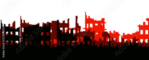 Burnt out town. Ruined city. Downtown destroyed. Apocalypse natural or war. Isolated on white background. Sad landscape of destruction. Vector