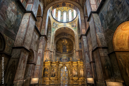 Interior of the St. Sophia Cathedral with mosaic Orans of Kyiv  frescoes on the wall and the golden altar. Kyiv  Ukraine