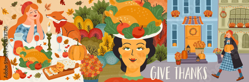 Happy Thanksgiving banner. Hand drawn graphic arts and textures. Vector design.