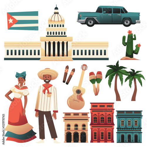 Cuban traditional cultural elements - flag, architecture, people and music, flat vector illustration isolated on white.