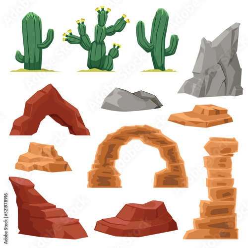 Desert stones and plants set, flat vector illustration isolated on white.