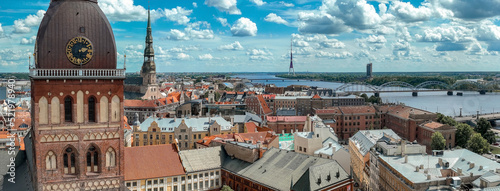 Aerial view of the Riga old town in Latvia. Beautiful historical buildings and Domes cathedral. Summer in Riga.