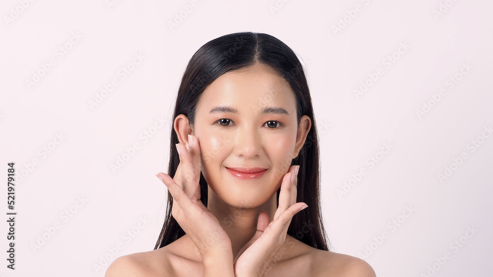 Young Asian women face with Korean style make up for skincare cosmetics Young Asian women face with Korean style make up for skincare cosmetics