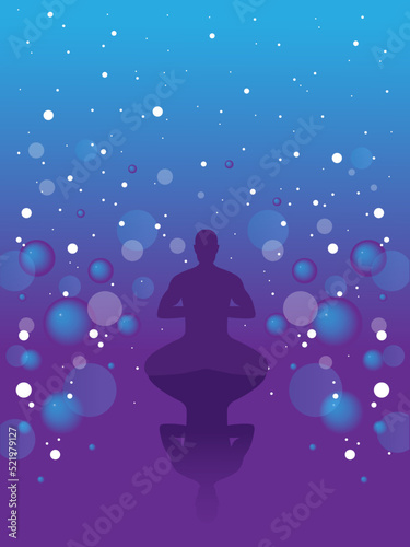 Banner for meditation. Spiritual enlightenment. Yoga. Man in the lotus position. Symbol of secret knowledge, harmony of soul and body, wisdom, religion.Surreal graphics.