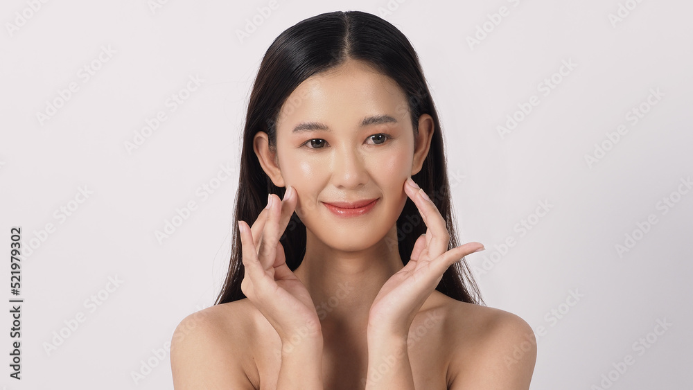 Young Asian women face with Korean style make up for skincare cosmetics Young Asian women face with Korean style make up for skincare cosmetics