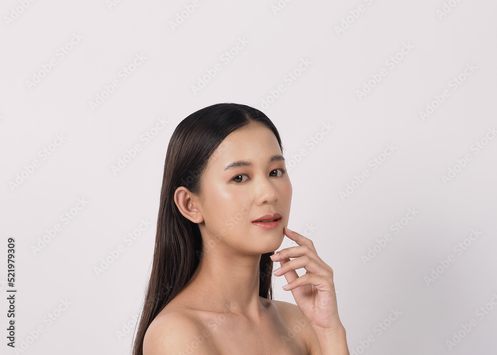 Young Asian women face with Korean style make up for skincare cosmetics Young Asian women face with Korean style make up for skincare cosmetics