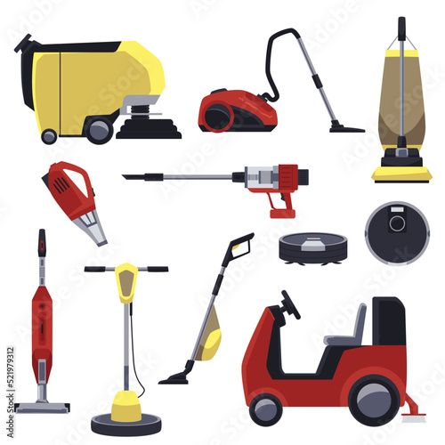 Vacuum cleaner equipment and tools set of flat vector illustrations isolated.