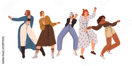 Happy women group dancing with fun, joy. Girls friends dancers moving to disco music at party. Modern fashion positive female characters. Flat vector illustration isolated on white background