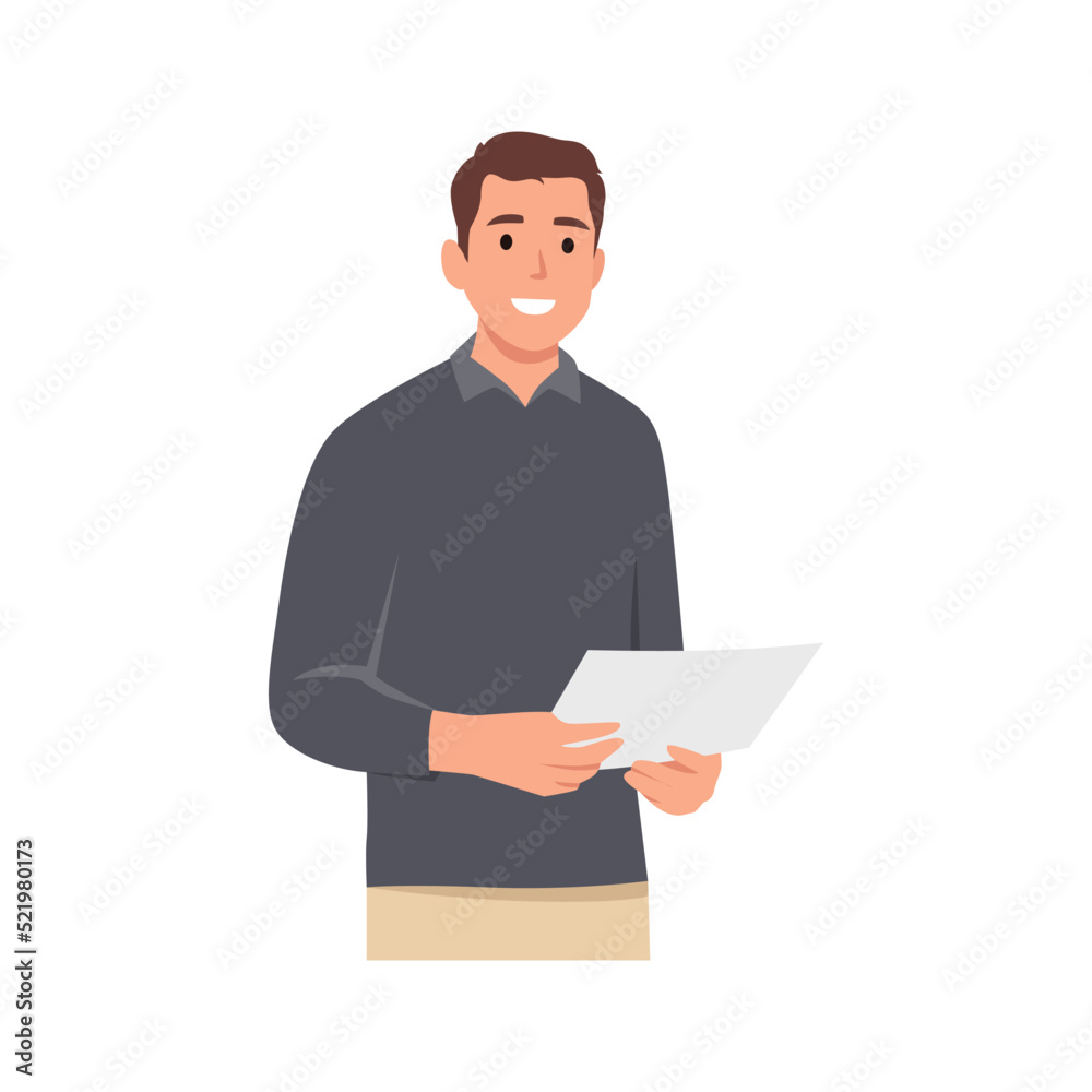 Young man holding paper document on his hand . Flat vector illustration isolated on white background
