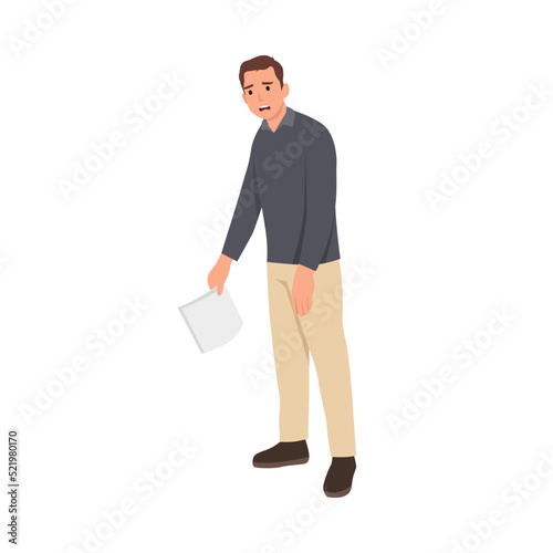 Young Sad and Tired business man standing and holding paper document. Flat vector illustration isolated on white background