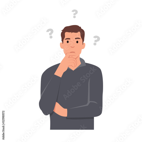 Young man is thinking. Question mark . Flat vector illustration isolated on white background
