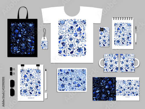 Blue gzhel ornament, concept art for your business. Creative ideas for cards, banner, web, promotional materials. Corporate identity template. Vector illustration