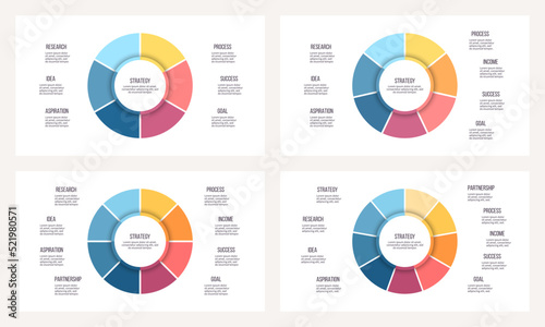 Business process. Chart with 6, 7, 8, 9 steps, options, sections. Vector template.