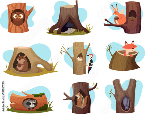 Hollow trees. Cozy houses for wild forest animals exact vector characters
